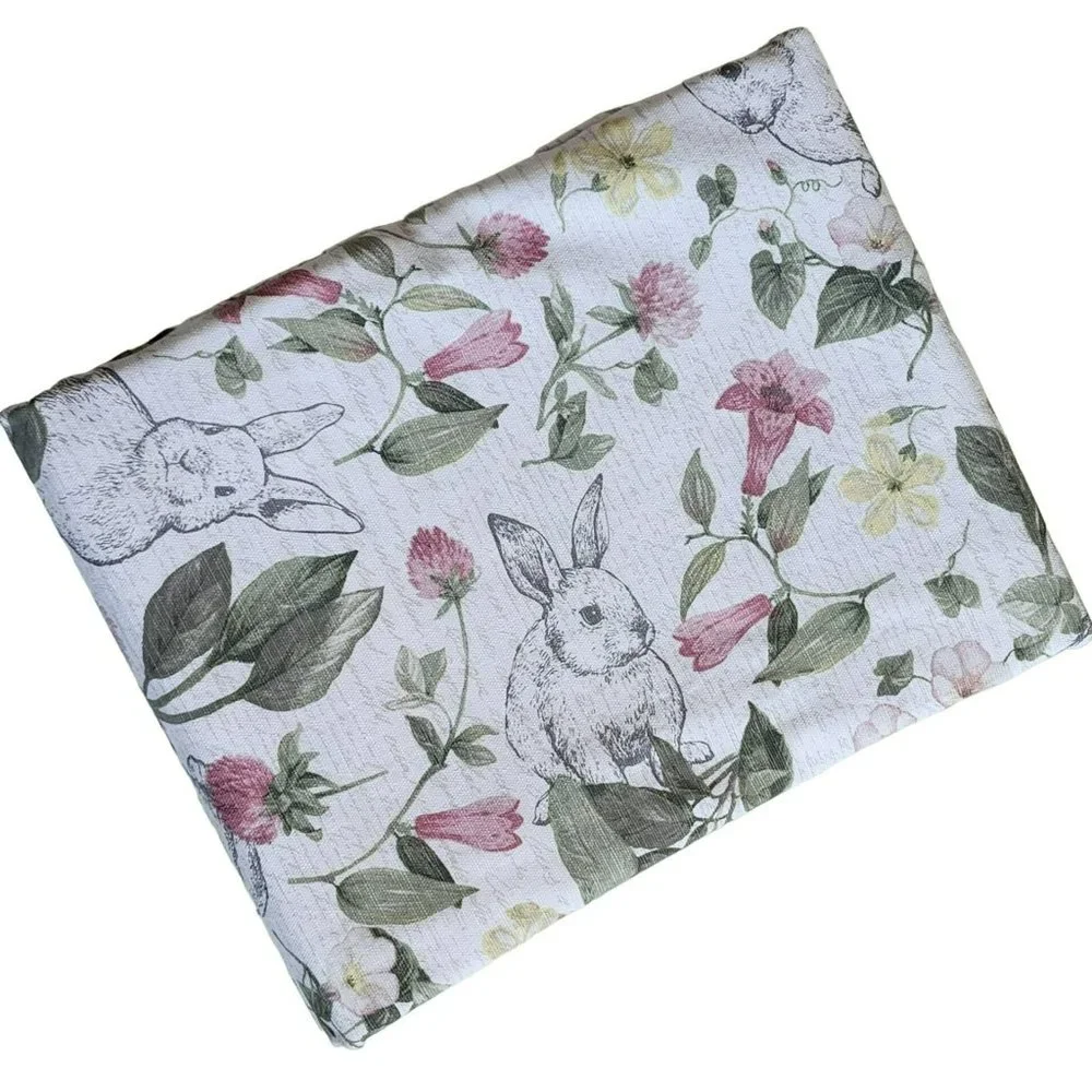 70in Round Cotton Tablecloth And Napkins With Printed Bunnies And Flowers Set - Picture 10 of 16
